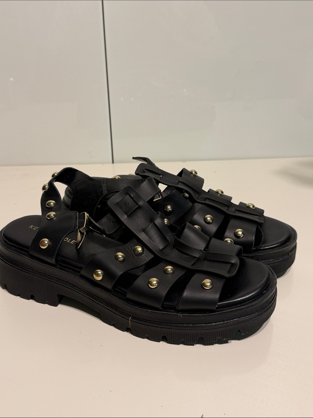 Gently used Kenneth Cole Black Studded Platform Gladiator Sandals - Women’s 9.5